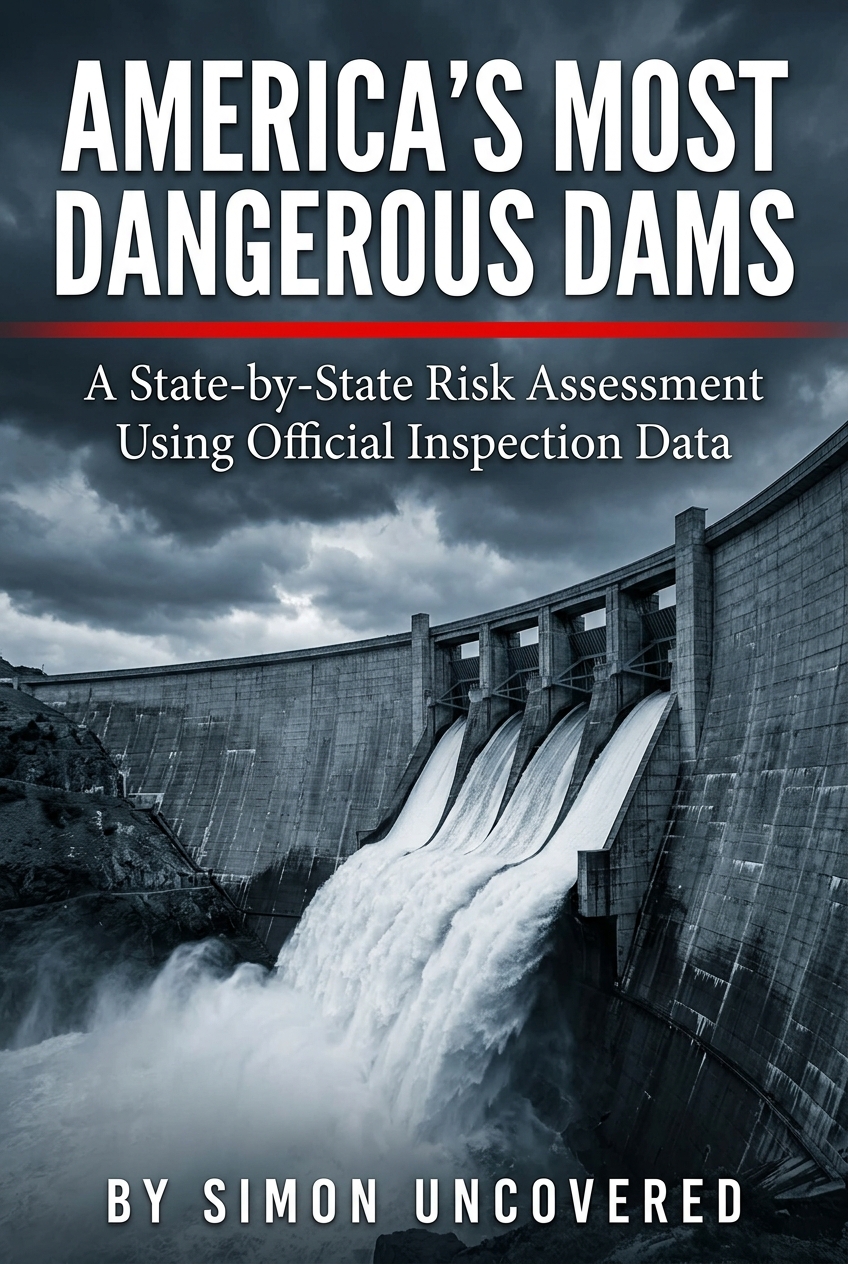 America's Most Dangerous Dams — ebook cover showing a massive concrete dam with water rushing through spillways